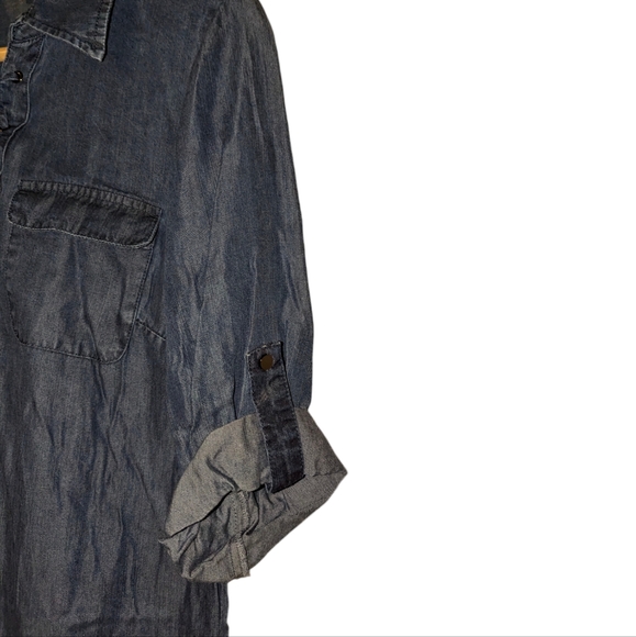 Neiman Marcus Lace Up Pull Tab Sleeve Tencel Collared Denim Chambray Mini Dress - Picture 4 of 8